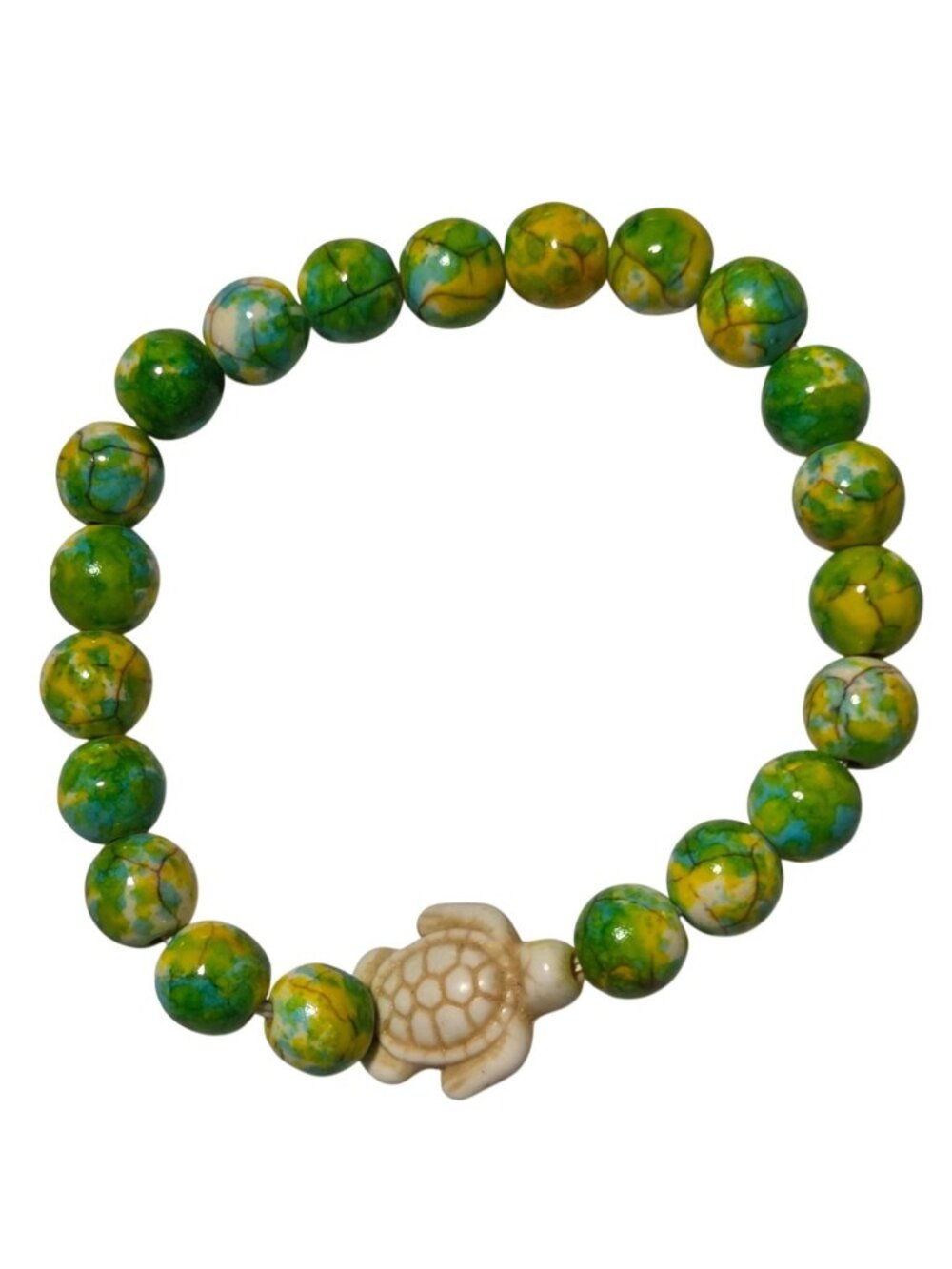 Artisan Turtle Charm Beaded Bracelet Stretch Green Yellow Dragon Vein Beads